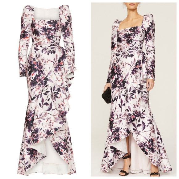 Badgley Mischka Floral Flounce Hem Ruffle Gown Maxi Dress Eggplant Multi Size 2 - Picture 1 of 13